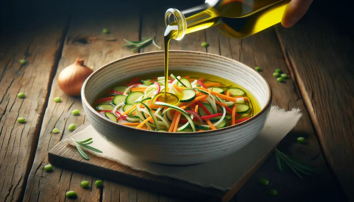 Un chorro de aceite de oliva virgen extra siendo vertido sobre una sopa juliana servida en un tazón de cerámica blanca.