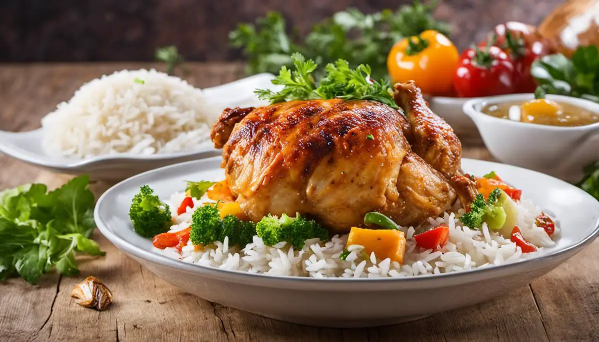 Preparación Paso a Paso del Pollo Guisado 3 Imagénes de un delicioso Pollo Guisado con arroz blanco y vegetales al vapor.