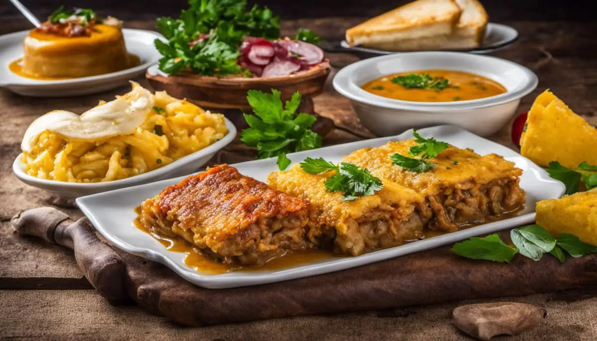A delicious plate of traditional Portuguese cuisine with various dishes including bacalao a bras, arroz de pato, caldo verde, francesinha, and pasteles de Belem. The image showcases the diversity and flavors of Portuguese food.