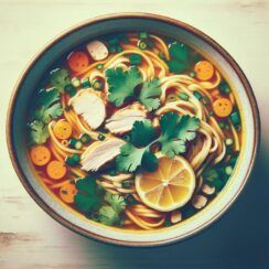 Sopa de pollo con fideos